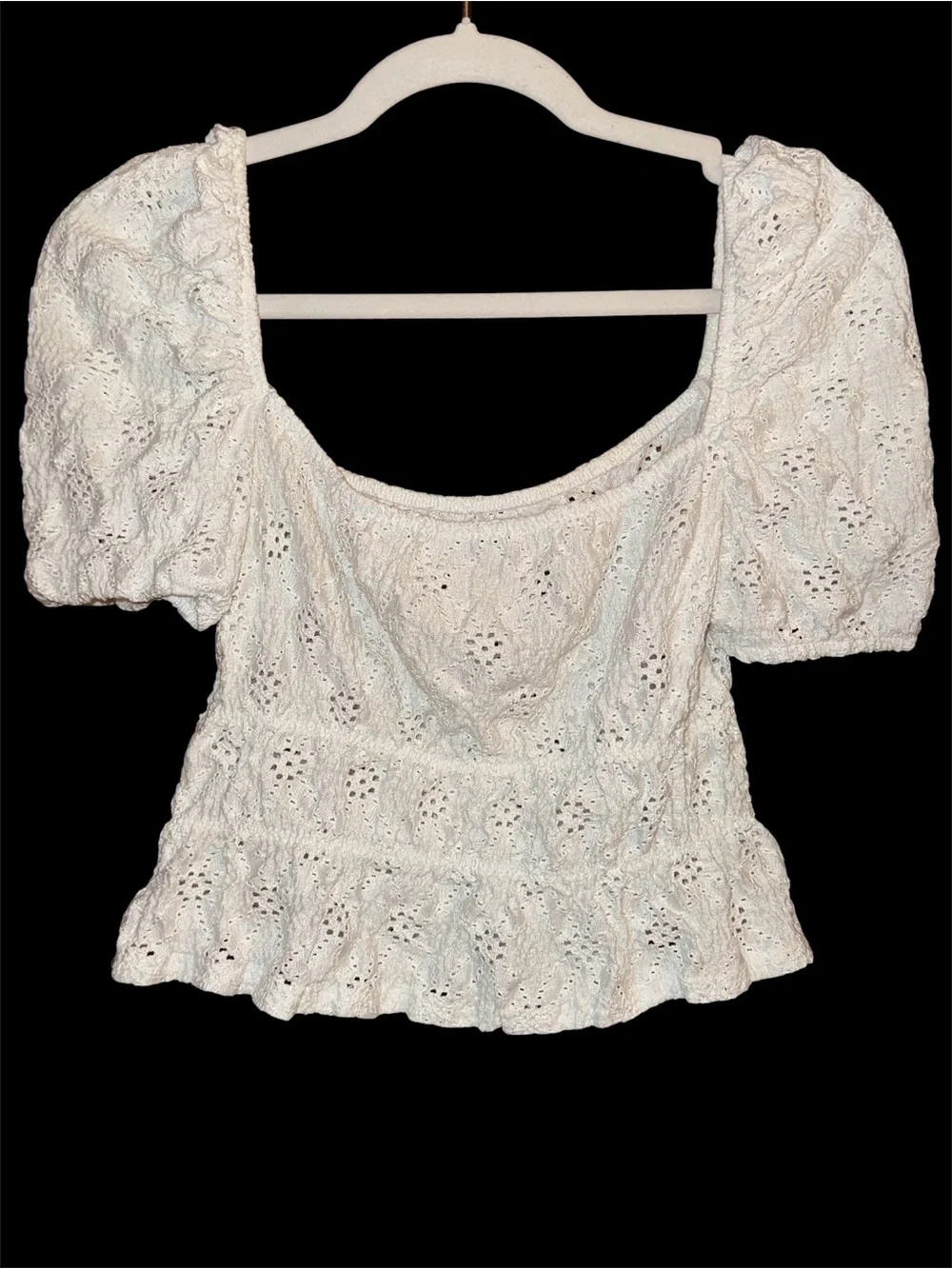Zara White Eyelet Puff Sleeve Peplum Coquette Crop Top Size Medium